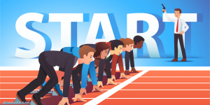 cartoon image of business people at start line of a track with man holding starting gun