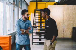 Two men talking