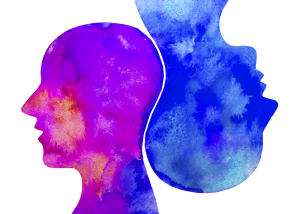 graphic water colour of two heads one looking left and one upside down and looking right