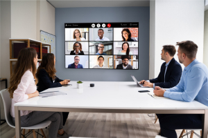 group of people in board room having a meeting with people on a screen